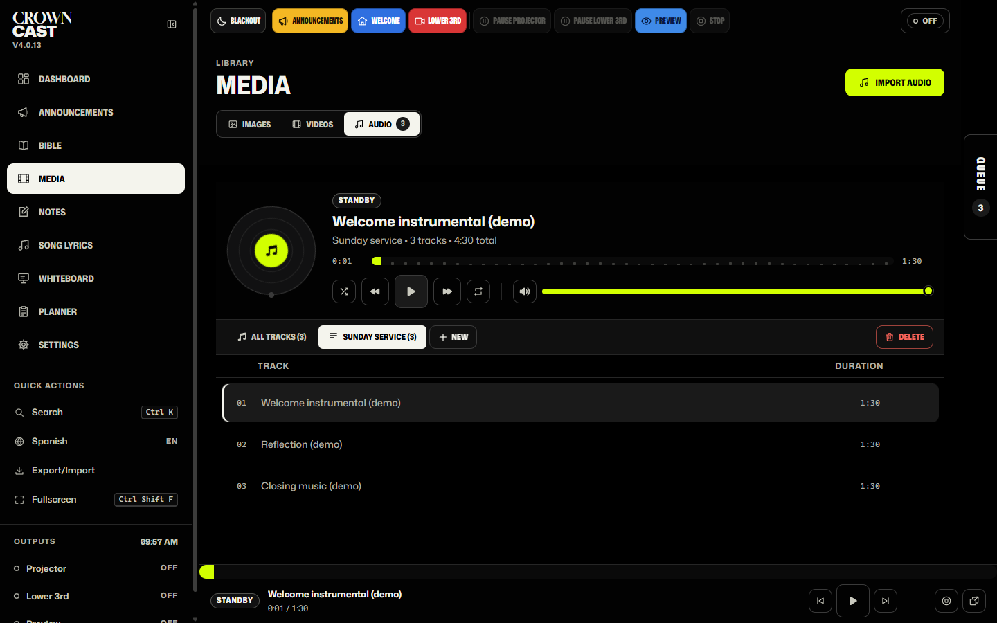 Crown Cast audio player in the Crown theme, with a Sunday service demo playlist and playback controls