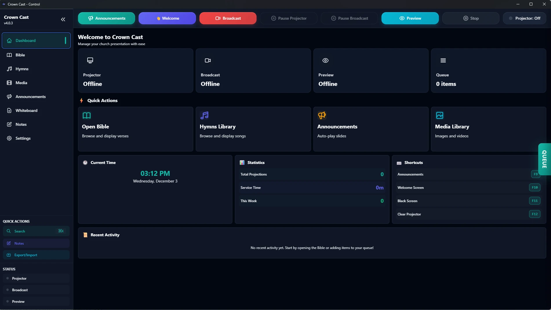 Crown Cast Dashboard - Church Presentation Software
