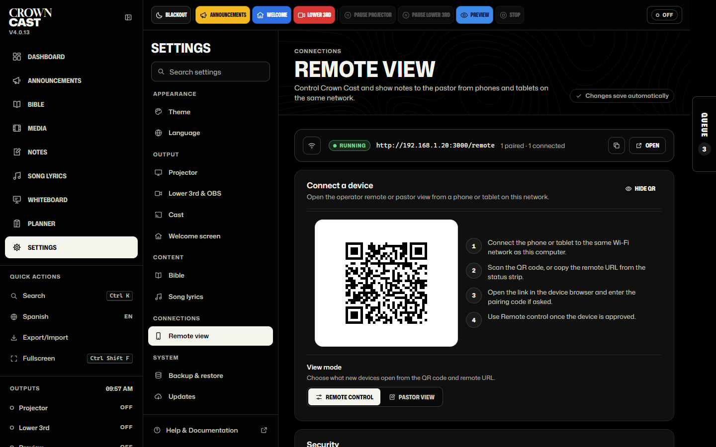 Remote View settings in Crown Cast: the remote server running, its address, and a QR code for phones and tablets